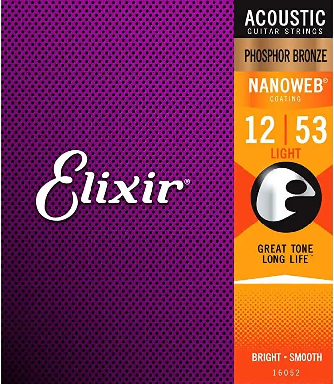 Elixir 16052 Phosphor Bronze Acoustic Guitar Strings NANOWEB Coating Light (.012-.053)